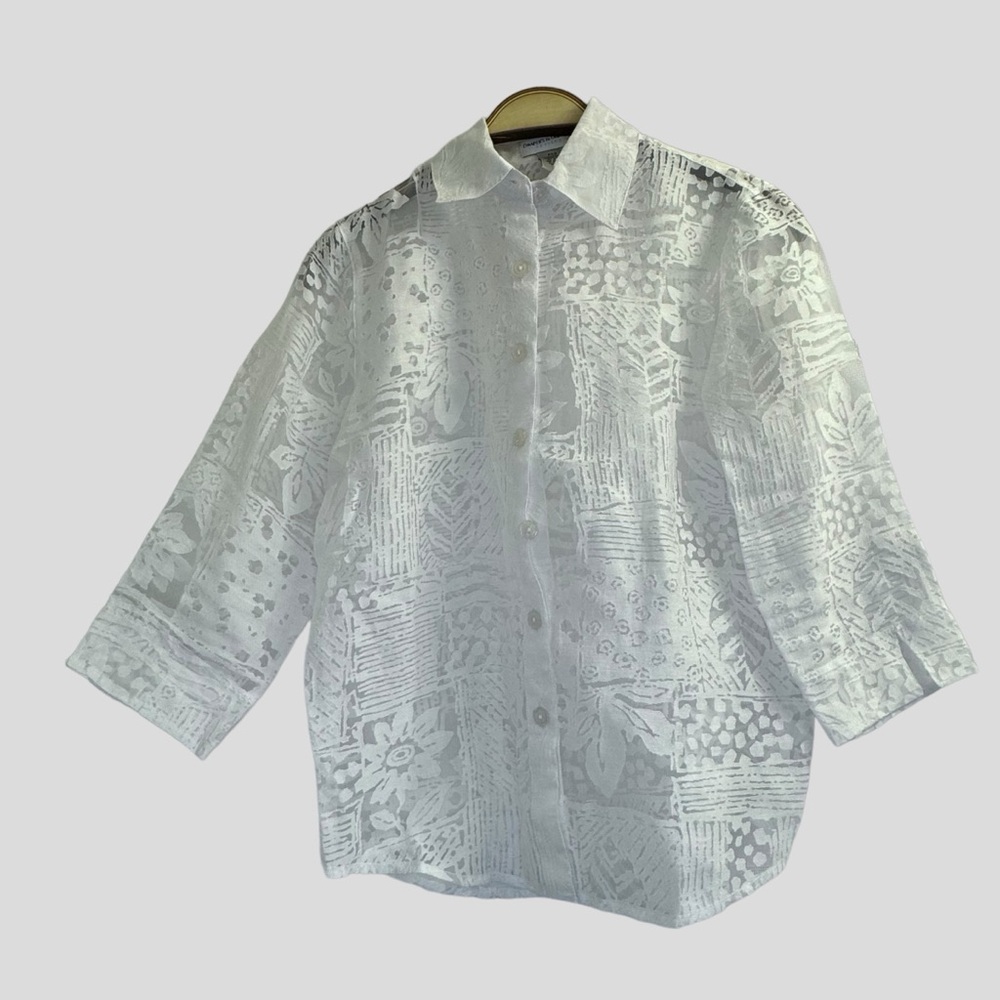 Draper's & Damon's Women's Top PXS White Collared Semi Sheer Floral Print Shirt